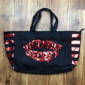 Victorias Secret Black Large Tote Bag Red Sequins Lip Logo Stripes